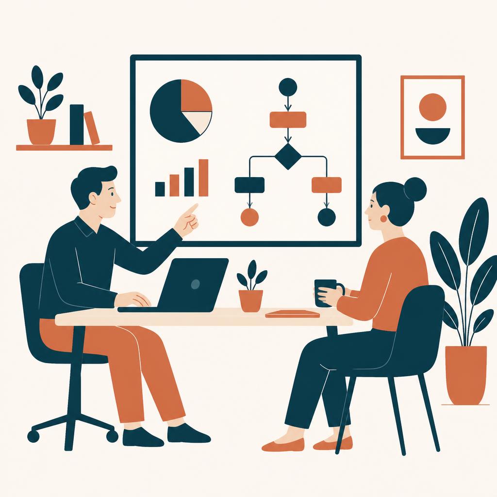Ondernemer en adviseur bekijken samen een werkproces en dashboard op kantoor